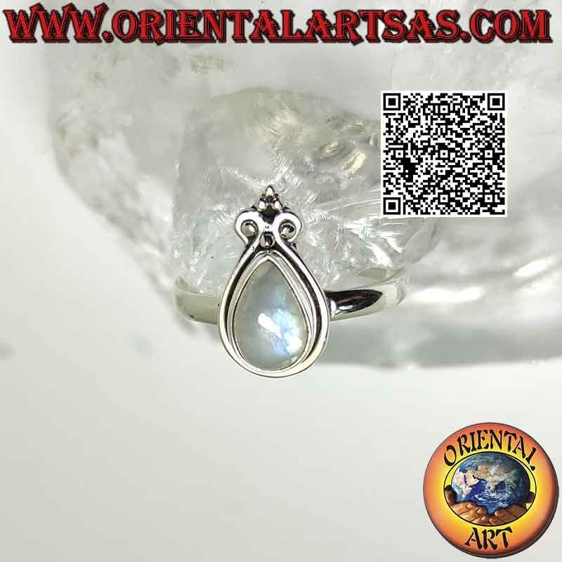 Silver ring with teardrop rainbow moonstone and lily
