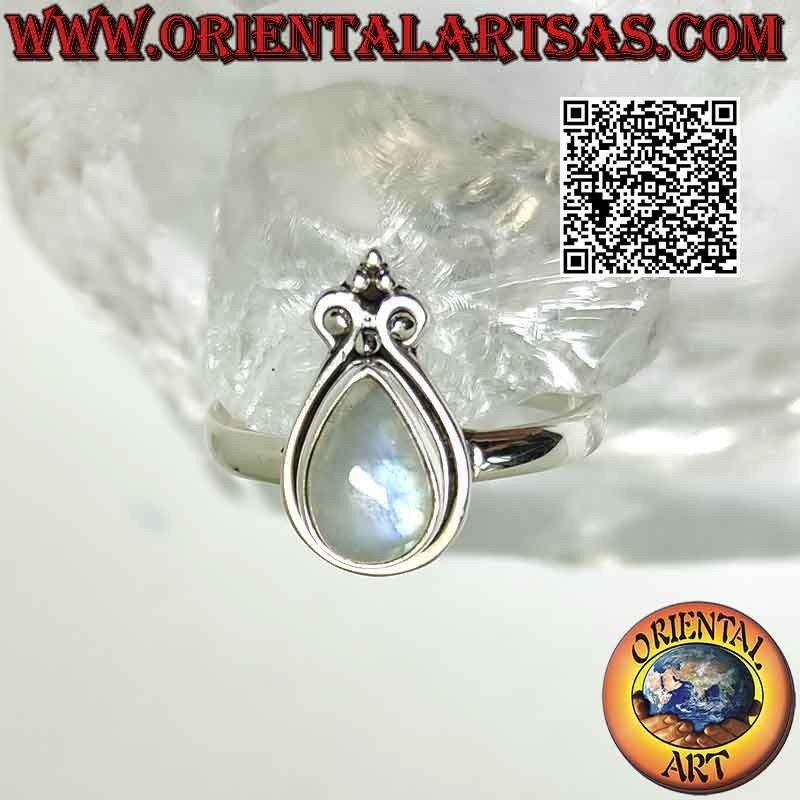Anillo de plata con lágrima piedra luna arcoiris y lirio
