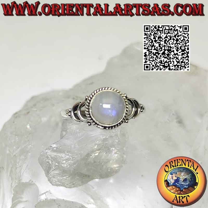 Anello in argento con pietra di luna arcobaleno tonda e gancio a U