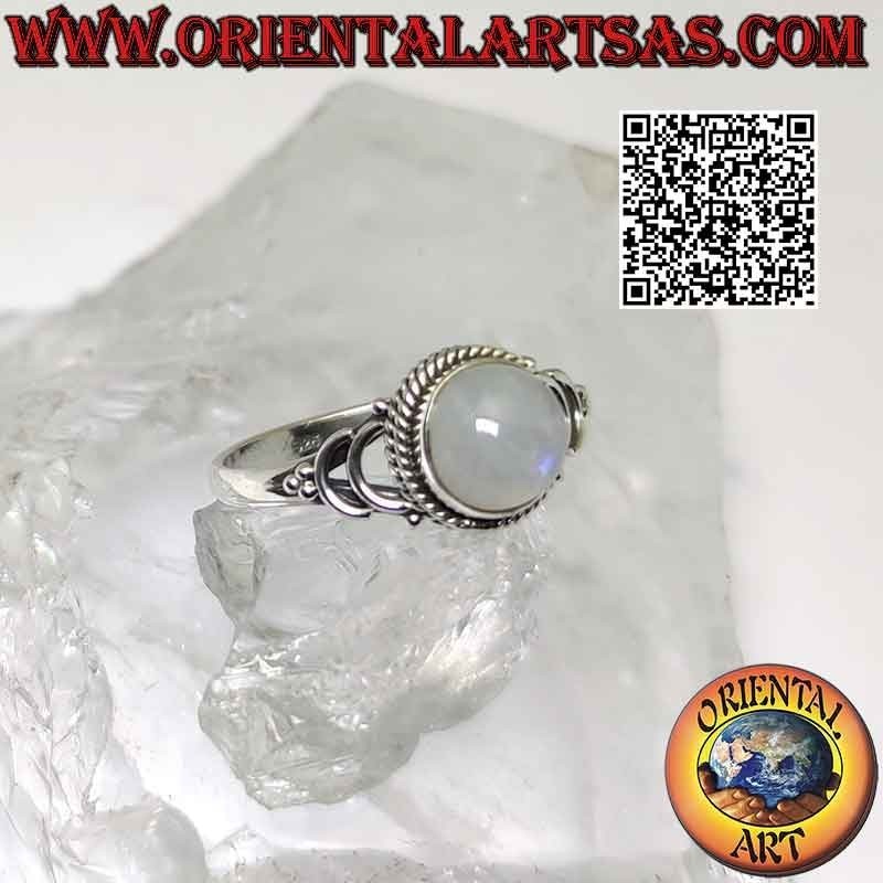 Silver ring with round rainbow moonstone and U hook
