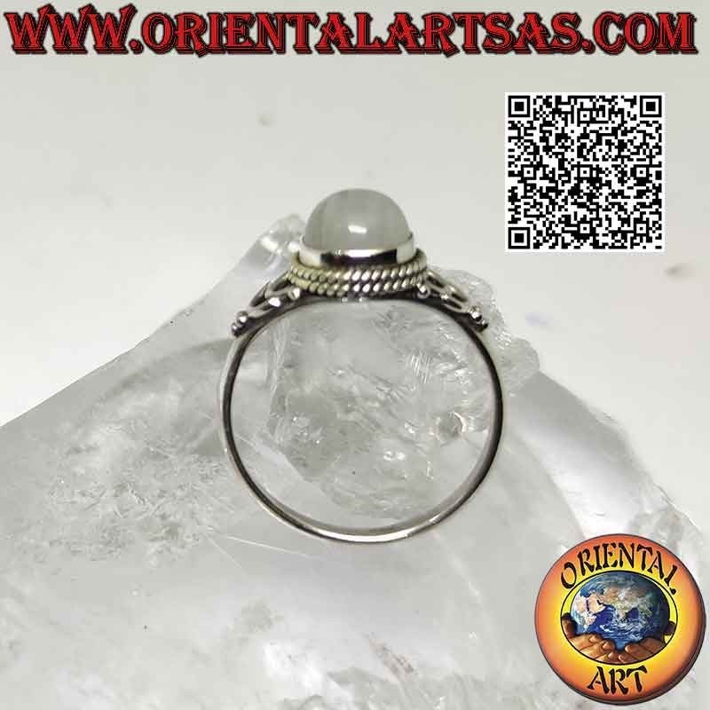 Bague en argent avec pierre de lune arc-en-ciel ronde et crochet en U