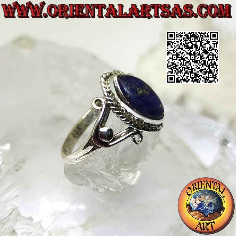 Bague en argent avec navette cabochon lapis lazuli et crochets en U