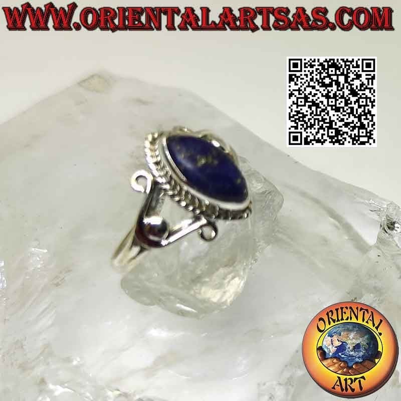 Silver ring with shuttle cabochon lapis lazuli and U-hooks