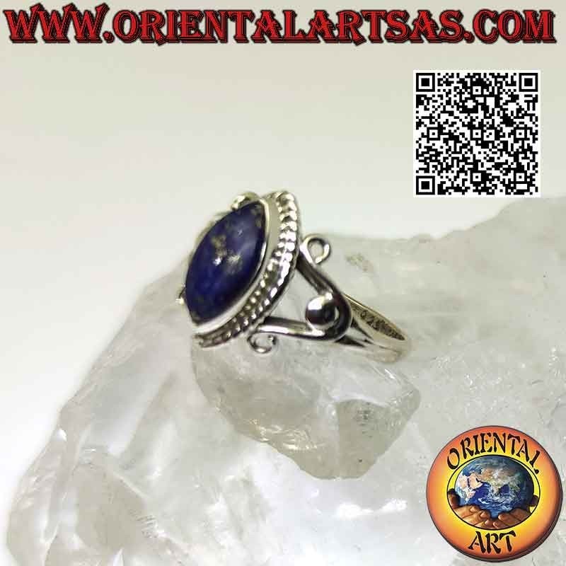 Bague en argent avec navette cabochon lapis lazuli et crochets en U