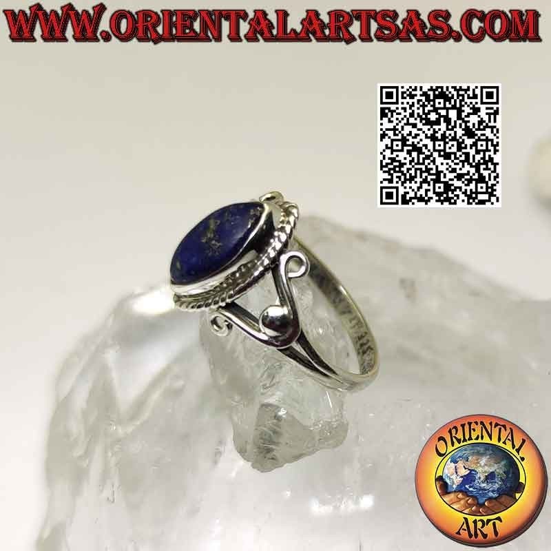 Silver ring with shuttle cabochon lapis lazuli and U-hooks