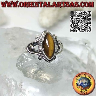 Silver ring with cabochon tiger eye in shuttle on a U-hook setting