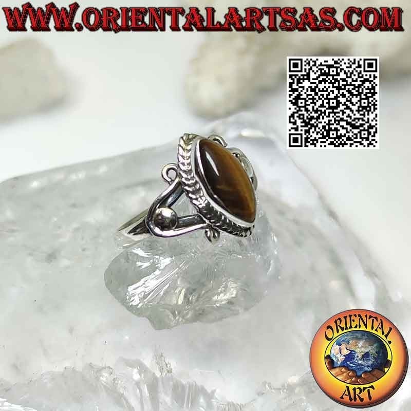 Anello in argento con occhio di tigre a navetta e ganci a U