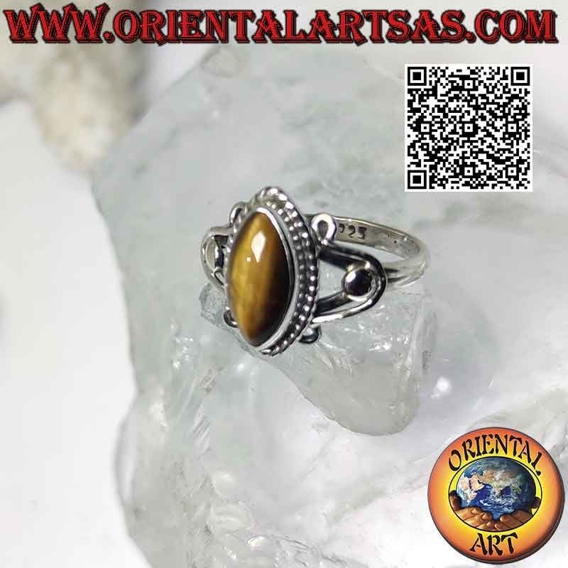 Bague en argent avec navette oeil de tigre et crochets en U