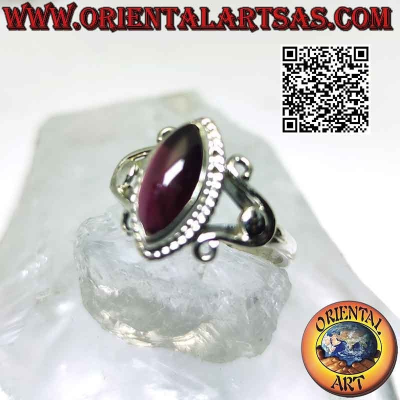 Silver ring with shuttle cabochon garnet on setting with U-hooks