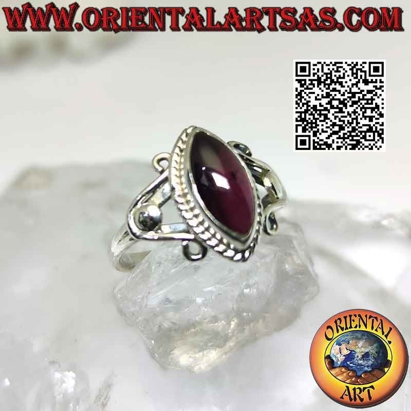 Silver ring with shuttle cabochon garnet on setting with U-hooks