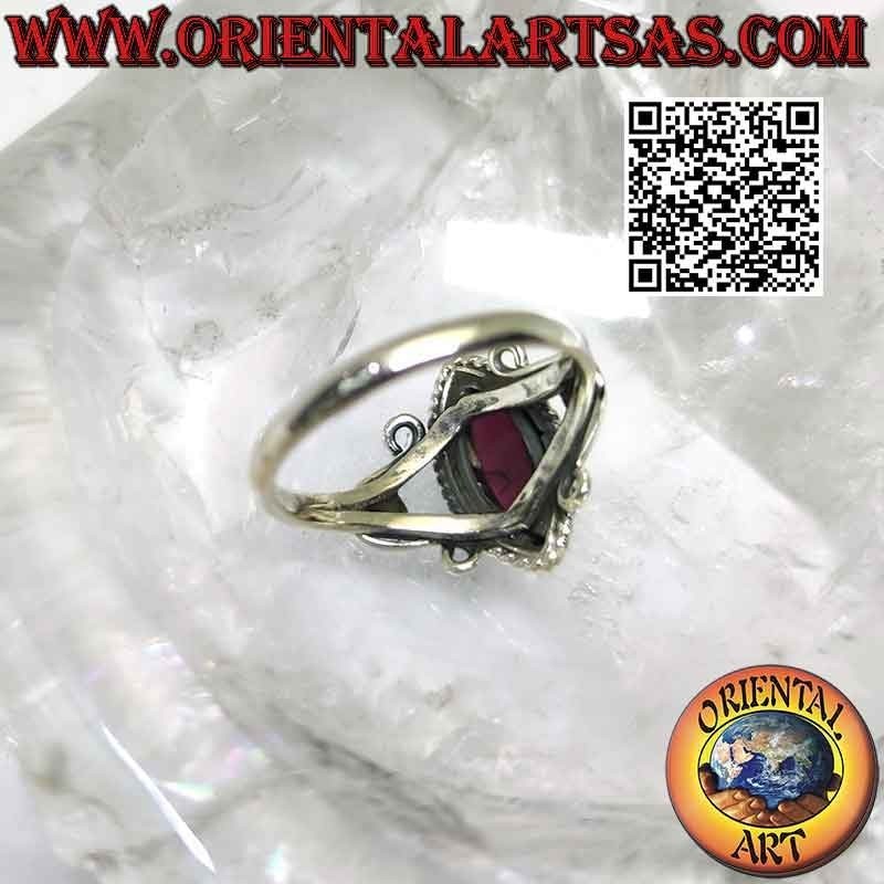 Silver ring with shuttle cabochon garnet on setting with U-hooks