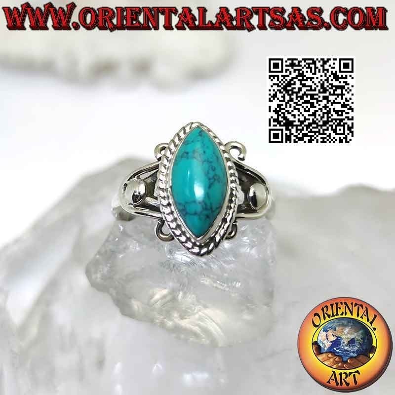 Bague en argent avec navette turquoise et crochets en U