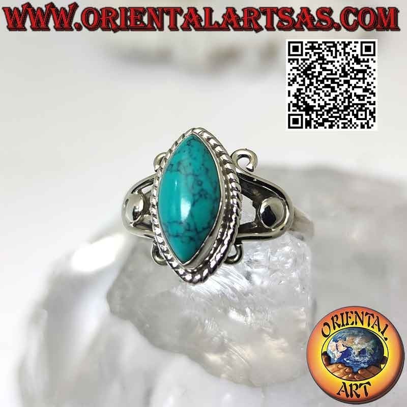 Anello in argento con turchese a navetta e ganci a U