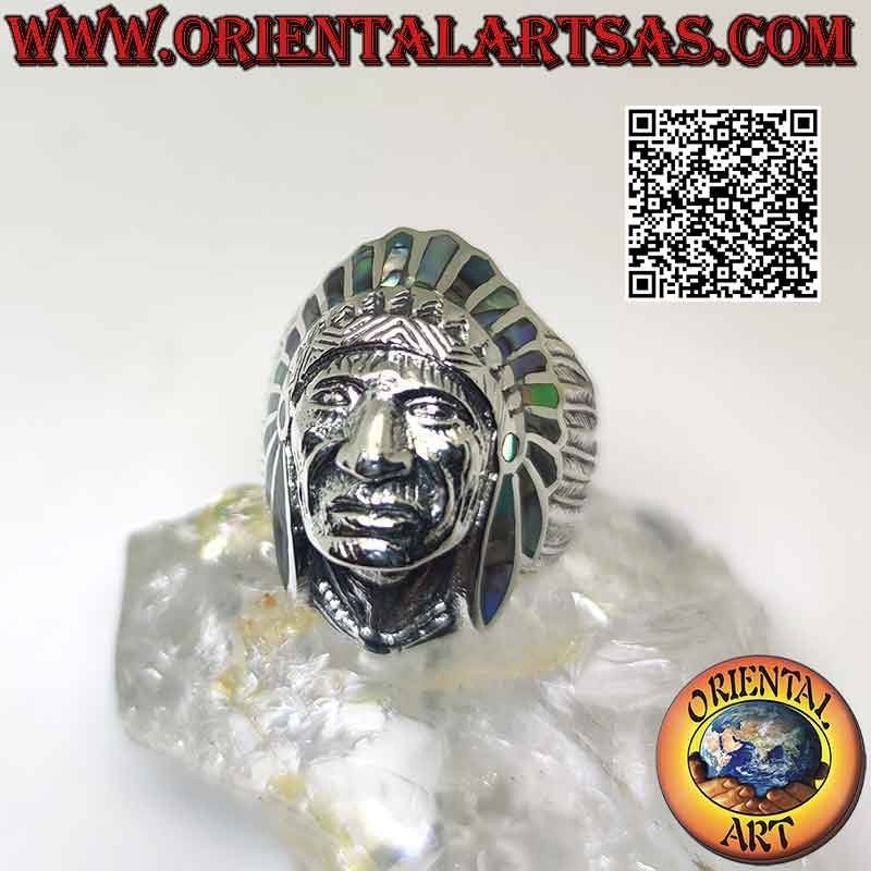 Bague en argent, tête d'Indien amérindien avec visage (ormeau)