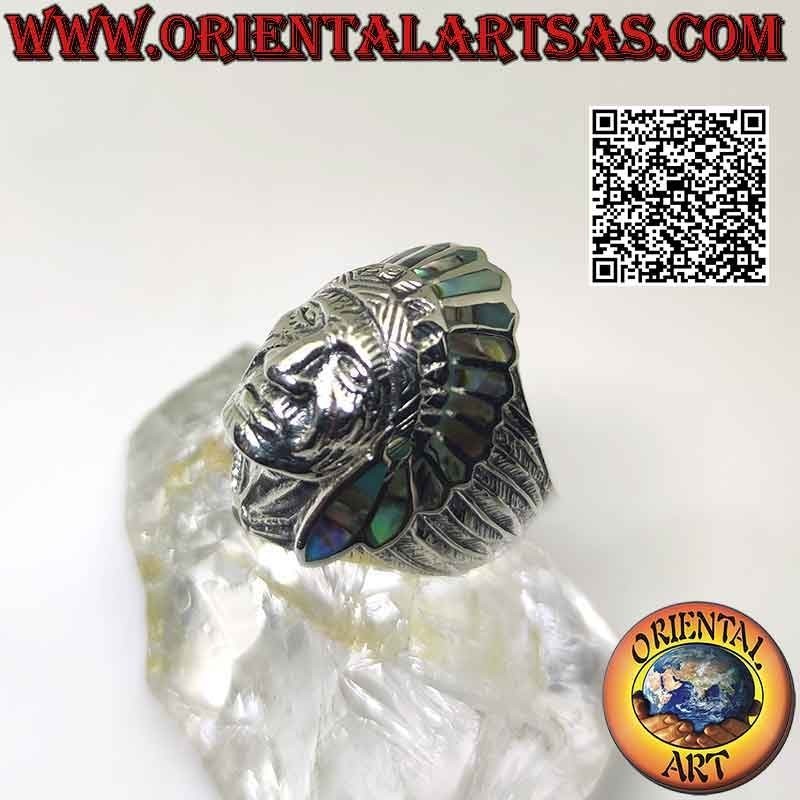Anillo de plata, cabeza de indio nativo americano con cara (abulón)