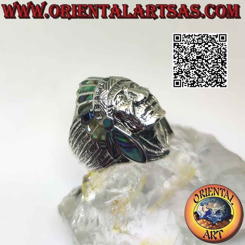 Bague en argent, tête d'Indien amérindien avec visage (ormeau)