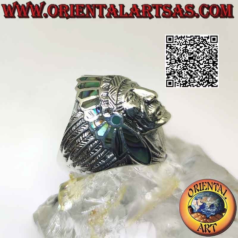 Anillo de plata, cabeza de indio nativo americano con cara (abulón)