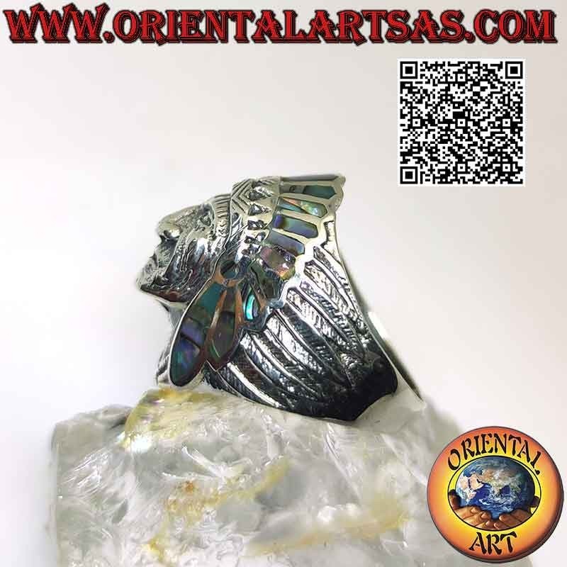 Silberring, Indianerkopf mit Gesicht (Abalone)