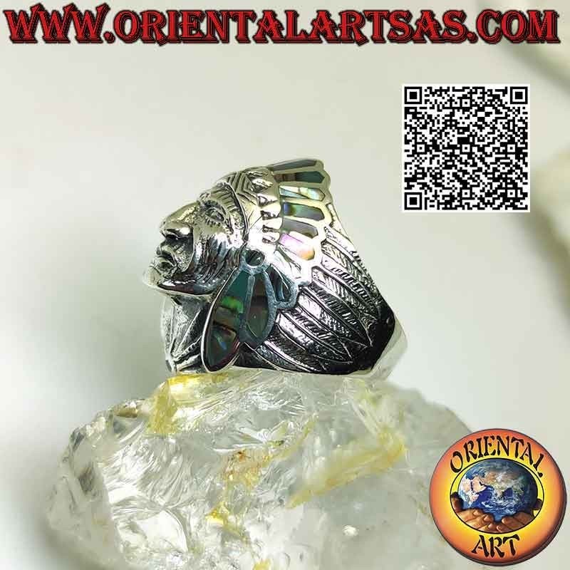 Bague en argent, tête d'Indien amérindien avec visage (ormeau)