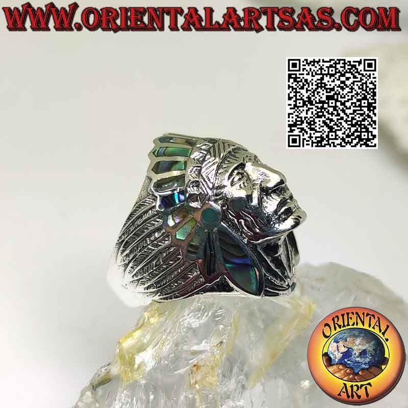 Bague en argent, tête d'Indien amérindien avec visage (ormeau)