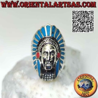 Anello in argento, testa stretta e lunga di un Indiano nativo d'America con piume in turchese e corallo