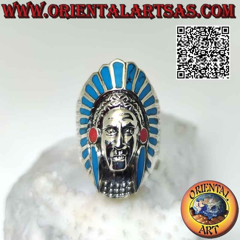 Bague en argent, tête longue et étroite d'Indien d'Amérique avec plumes turquoise et corail