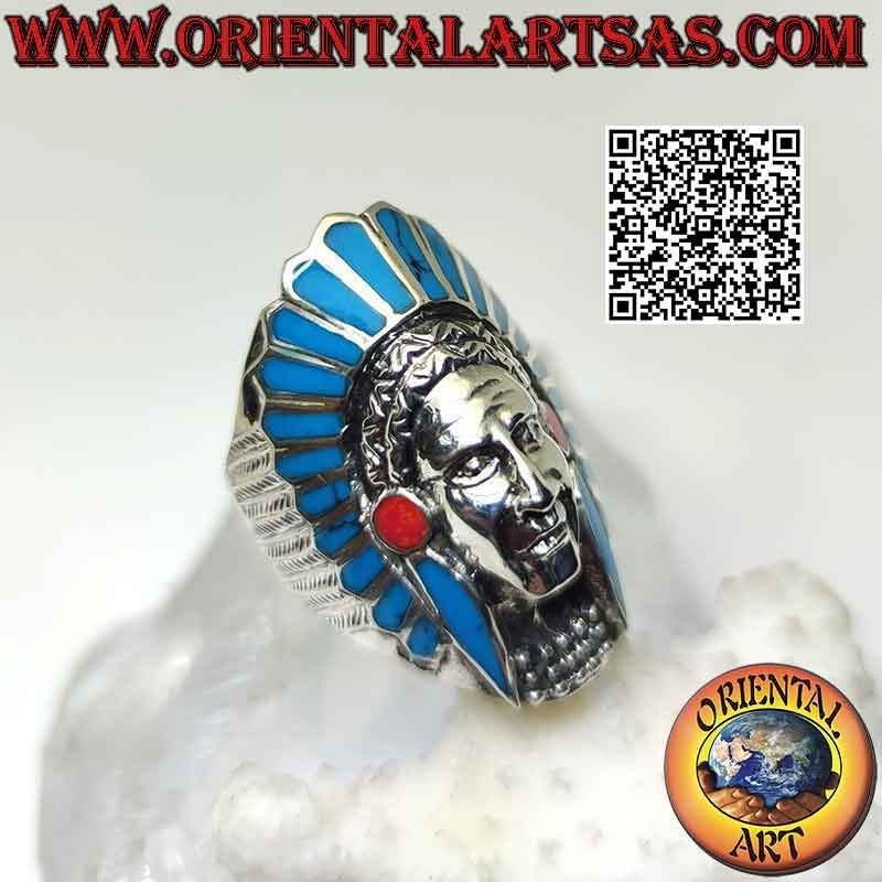 Bague en argent, longue tête d'Indien d'Amérique (turquoise)
