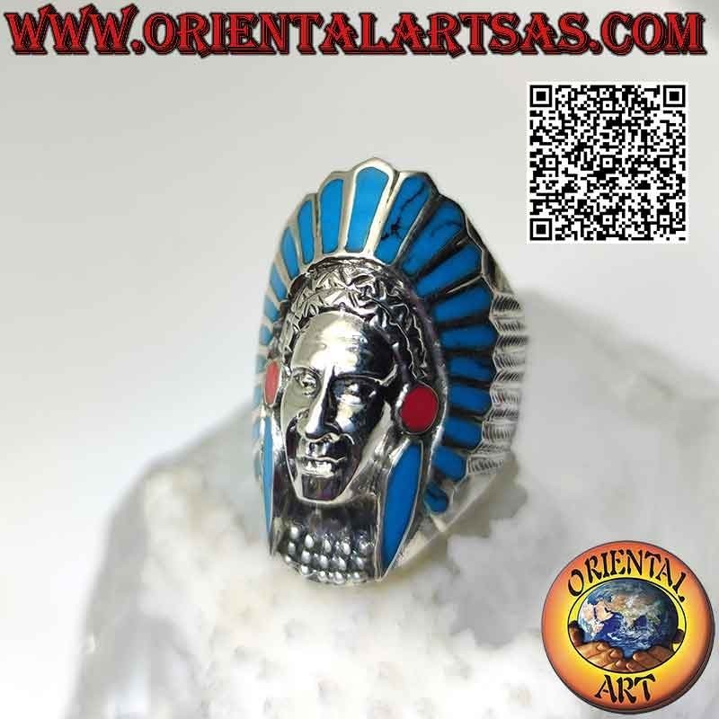 Anello in argento, testa lunga di Indiano nativo d'America (turchese)