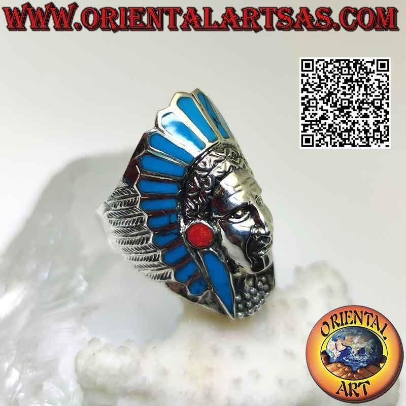 Anillo de plata, cabeza larga de indio americano (turquesa)