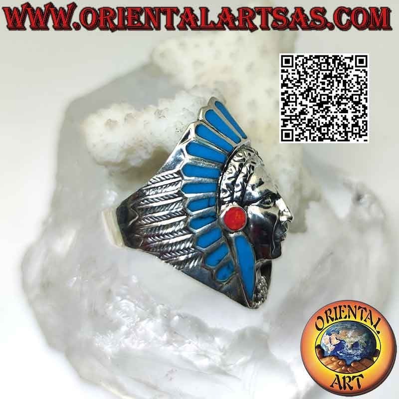 Anello in argento, testa lunga di Indiano nativo d'America (turchese)