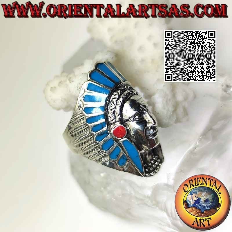 Anello in argento, testa lunga di Indiano nativo d'America (turchese)