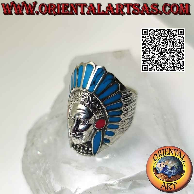 Anello in argento, testa lunga di Indiano nativo d'America (turchese)