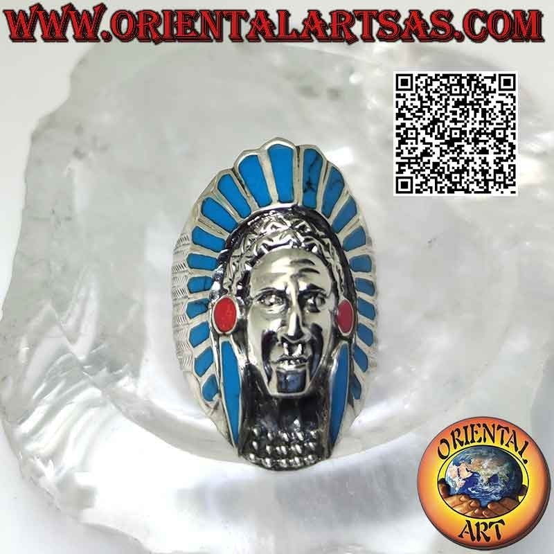 Bague en argent, longue tête d'Indien d'Amérique (turquoise)