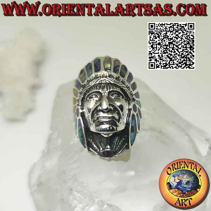 Silberring, Indianerkopf mit Gesicht (Abalone)