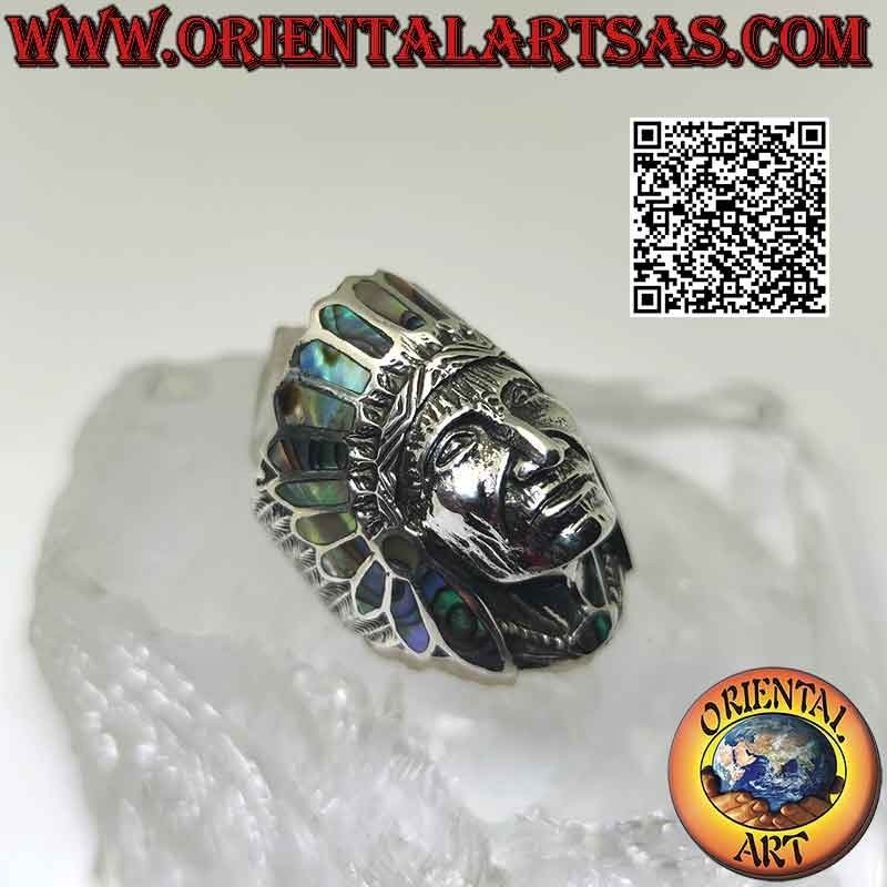 Anillo de plata, cabeza de indio nativo americano con cara (abulón)