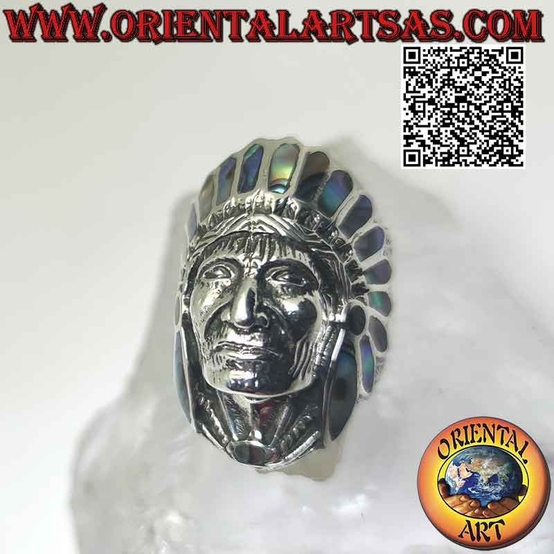 Anillo de plata, cabeza de indio nativo americano con cara (abulón)