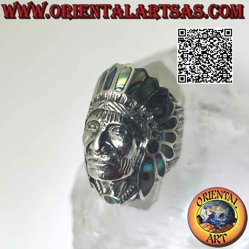 Bague en argent, tête d'Indien amérindien avec visage (ormeau)