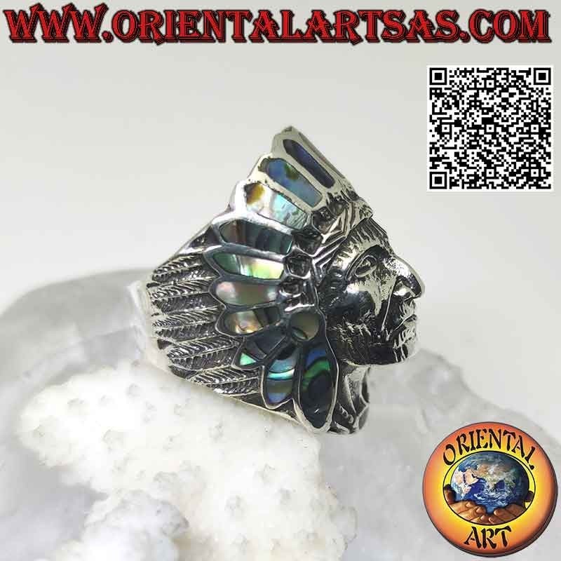Bague en argent, tête d'Indien amérindien avec visage (ormeau)