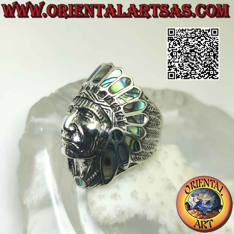 Bague en argent, tête d'Indien amérindien avec visage (ormeau)