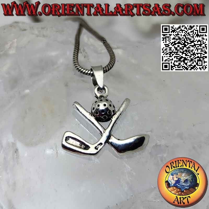 Anhänger aus 925er Sterlingsilber mit gekreuzten Golfschlägern und zentralem Ball.