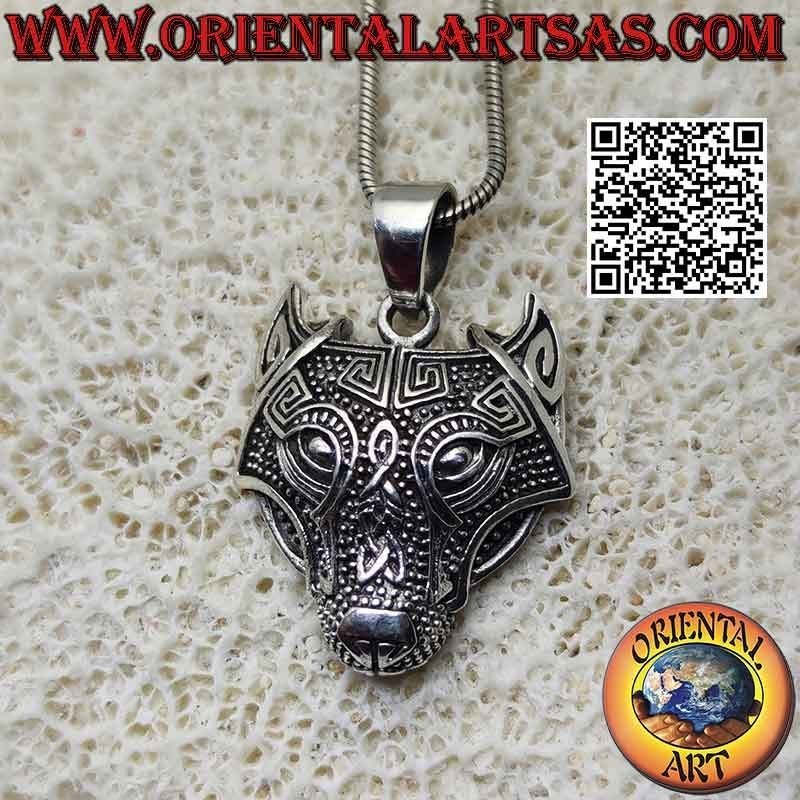 Wolfskopf-Silberanhänger mit keltischem Knoten (mittel)
