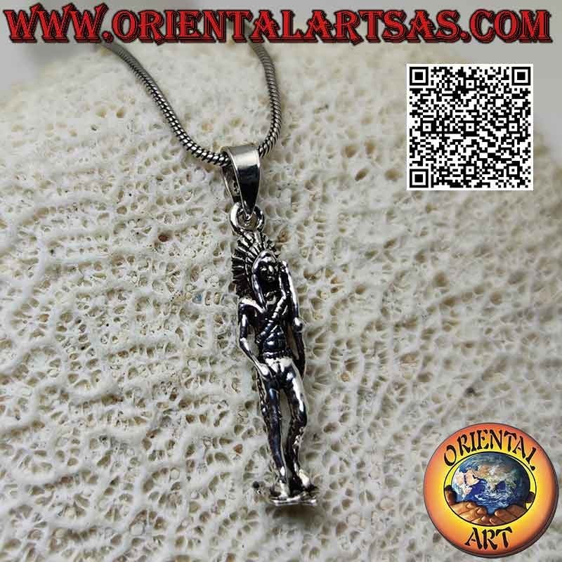 Ciondolo in argento, l' indiano nativo d'america con copricapo e arco