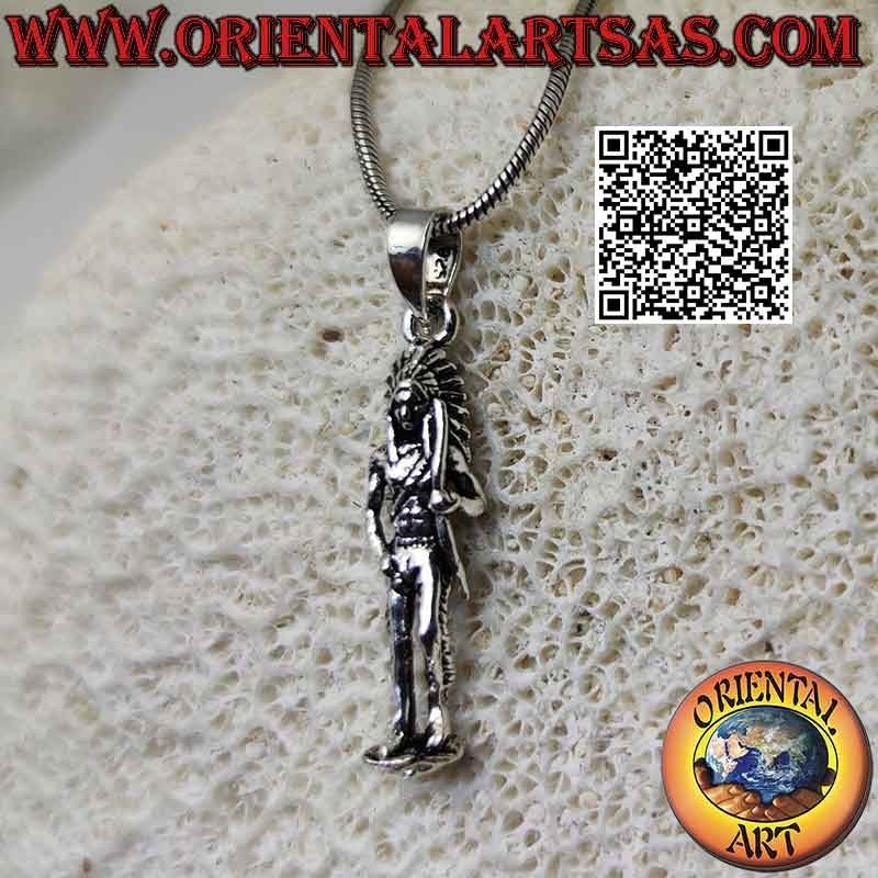 Colgante de plata, indio nativo americano con tocado y lazo