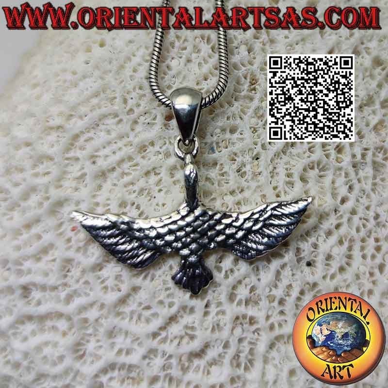 Silver pendant heron in flight with spread wings (top view)