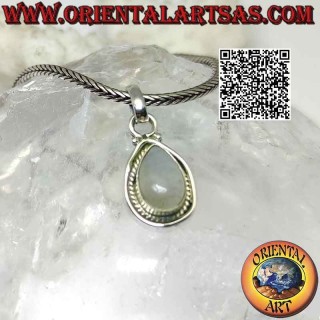 Silver pendant with natural tumbled teardrop rainbow moonstone and double edge (braided and smooth)