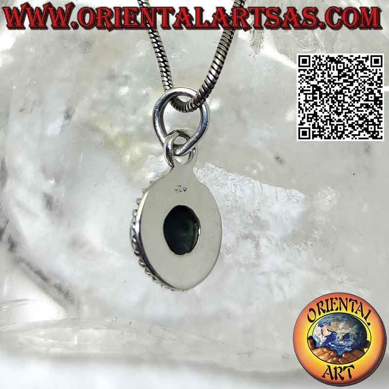 Colgante de plata con malaquita redonda, inserciones entrelazadas y lisas