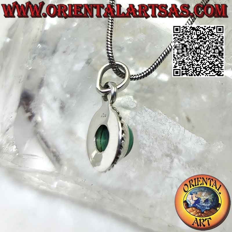 Silver pendant with round malachite, intertwining and smooth inserts