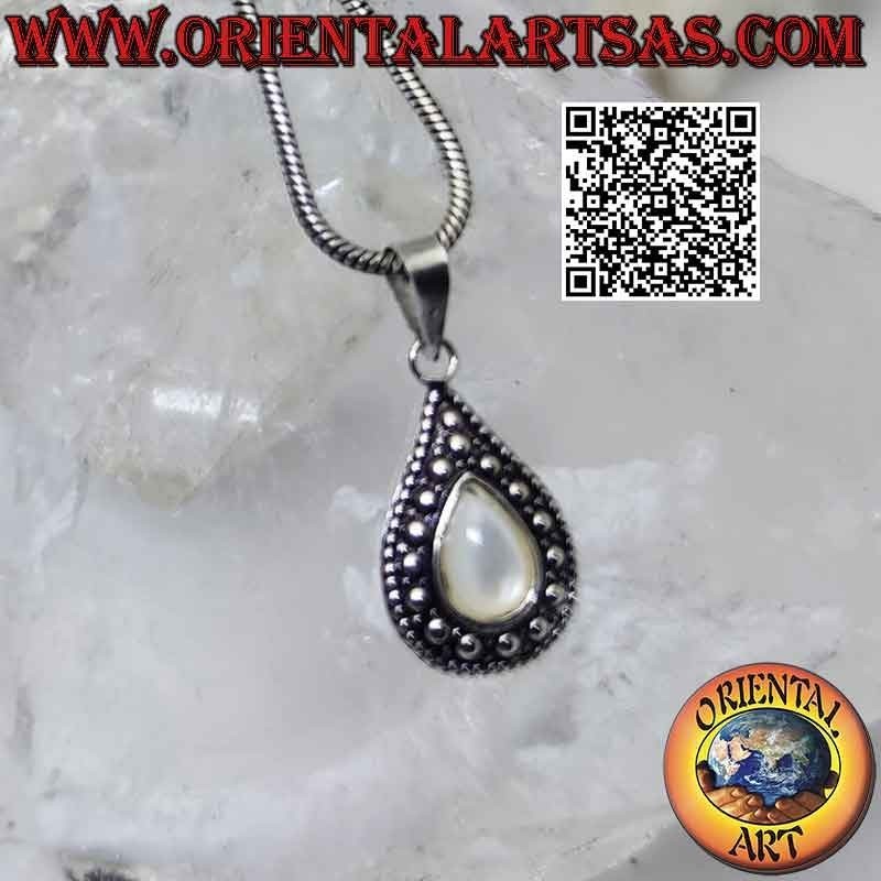 Pendentif en argent avec nacre en forme de poire et décor de boules