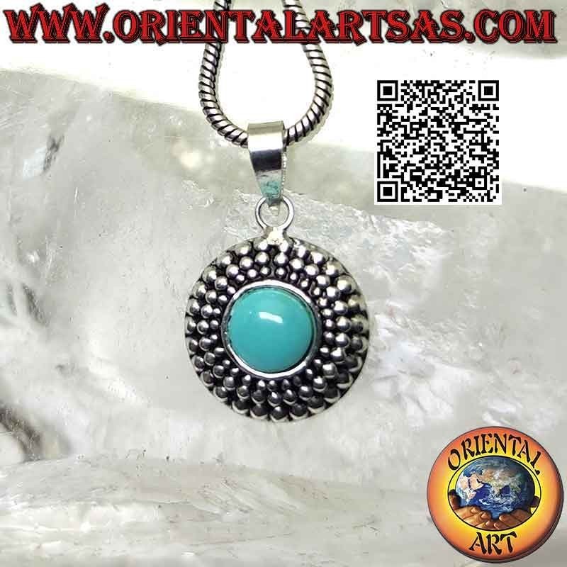 Silver pendant with round turquoise and triple row of growing balls