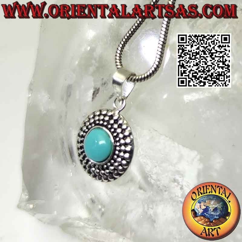 Colgante de plata con turquesa redonda y triple hilera de bolitas